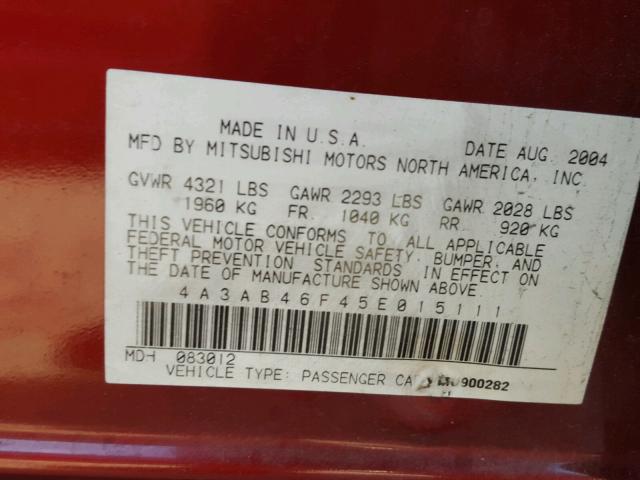 4A3AB46F45E015111 - 2005 MITSUBISHI GALANT ES RED photo 10