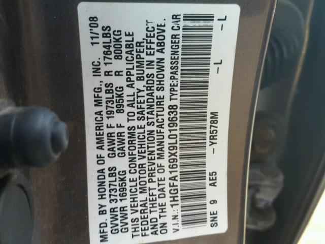 1HGFA169X9L019638 - 2009 HONDA CIVIC EXL 灰色 照片 10