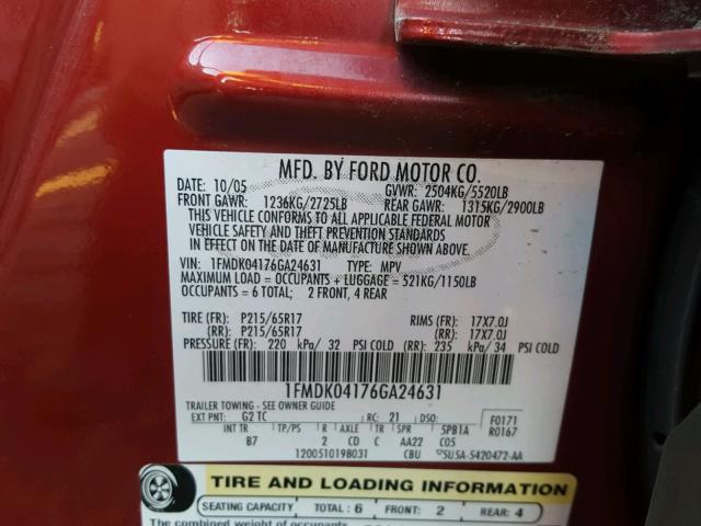 1FMDK04176GA24631 - 2006 FORD FREESTYLE RED photo 10