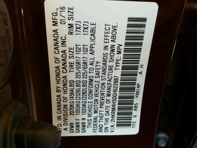 2HKRM4H50GH622887 - 2016 HONDA CR-V EX წითელი ფოტო 10