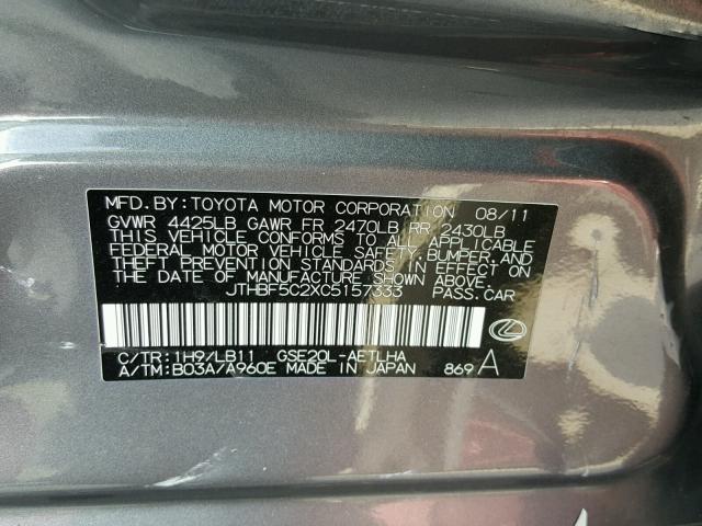 JTHBF5C2XC5157333 - 2012 LEXUS IS 250 GRAY photo 10