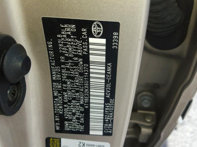 4T1BE32KX6U114370 - 2006 TOYOTA CAMRY LE TAN photo 10