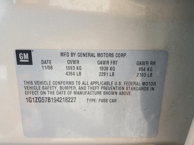 1G1ZG57B194218227 - 2009 CHEVROLET MALIBU LS Qəhvəyi foto 10