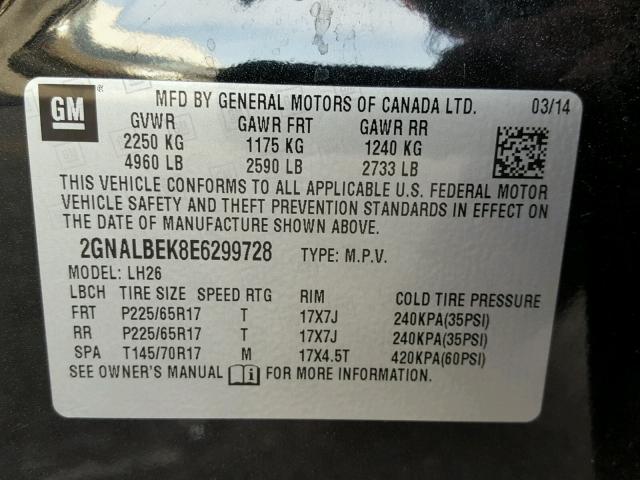 2GNALBEK8E6299728 - 2014 CHEVROLET EQUINOX LT BLACK photo 10