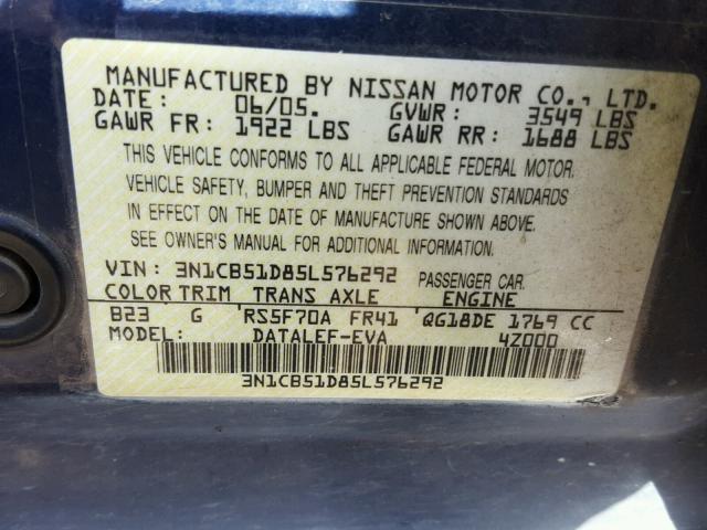 3N1CB51D85L576292 - 2005 NISSAN SENTRA 1.8 BLUE photo 10