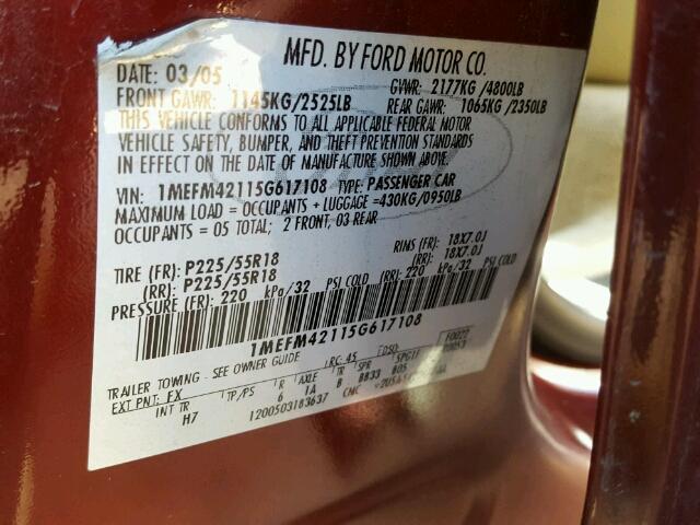 1MEFM42115G617108 - 2005 MERCURY MONTEGO PR 栗色 照片 10