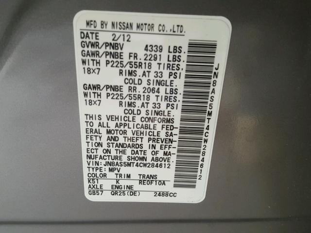 JN8AS5MT4CW284612 - 2012 NISSAN ROGUE S GRAY photo 10