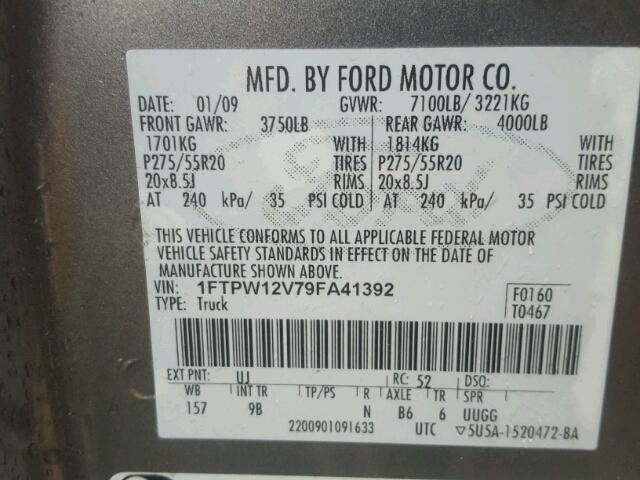 1FTPW12V79FA41392 - 2009 FORD F150 SUPER GRAY photo 10