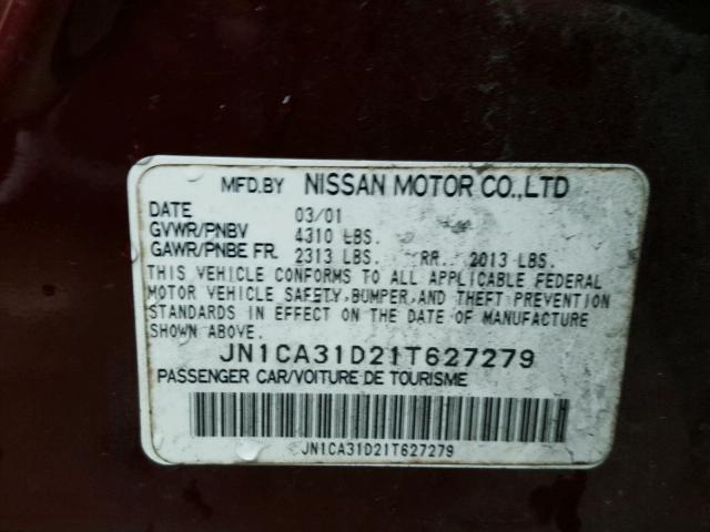 JN1CA31D21T627279 - 2001 NISSAN MAXIMA GXE BURGUNDY photo 10