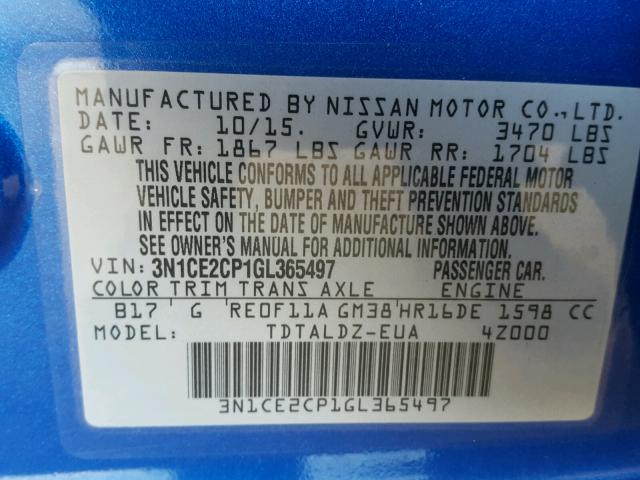 3N1CE2CP1GL365497 - 2016 NISSAN VERSA NOTE BLUE photo 10