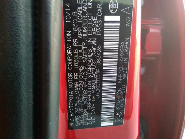 JTDKDTB38E1083426 - 2014 TOYOTA PRIUS C RED photo 10