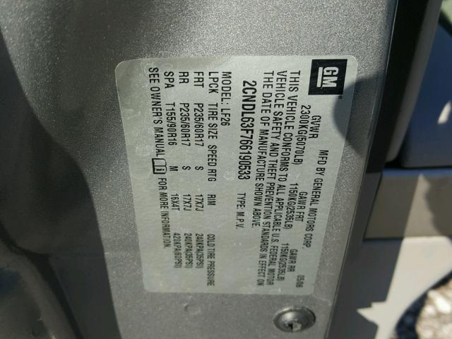 2CNDL63F766190533 - 2006 CHEVROLET EQUINOX LT GRAY photo 10