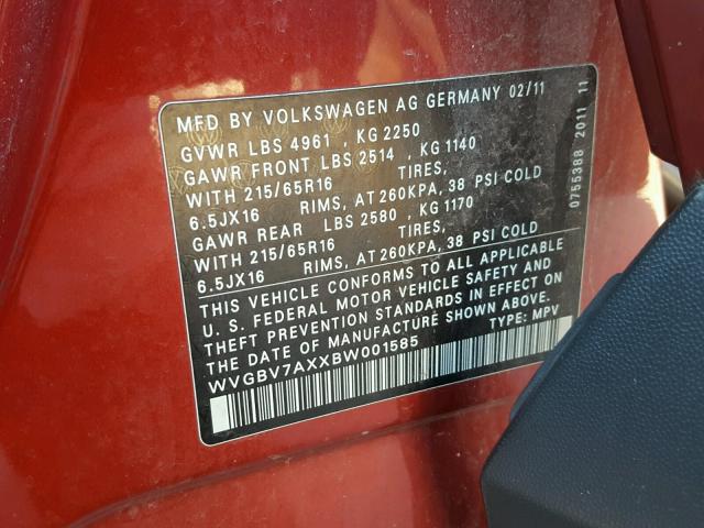 WVGBV7AXXBW001585 - 2011 VOLKSWAGEN TIGUAN S RED photo 10