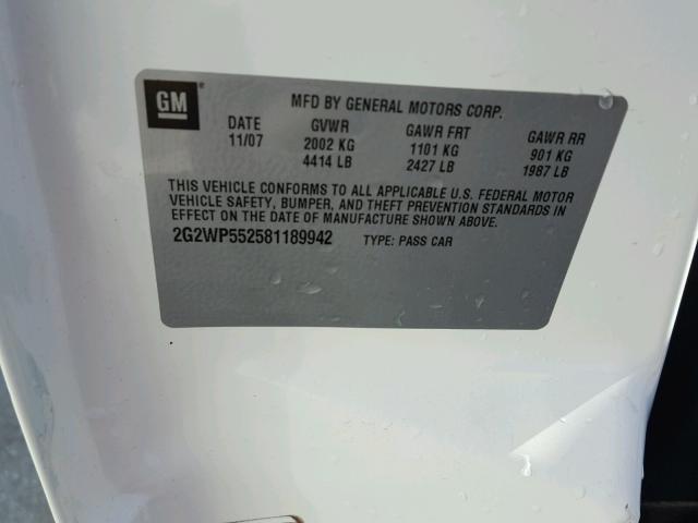 2G2WP552581189942 - 2008 PONTIAC GRAND PRIX WHITE photo 10