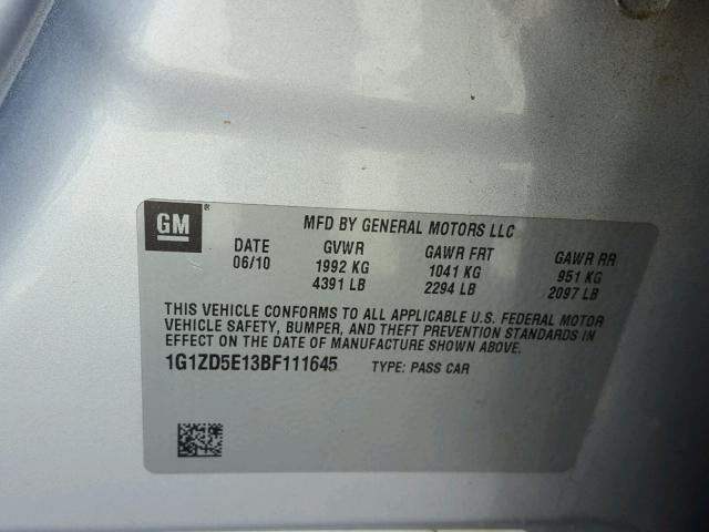 1G1ZD5E13BF111645 - 2011 CHEVROLET MALIBU 2LT SILVER photo 10