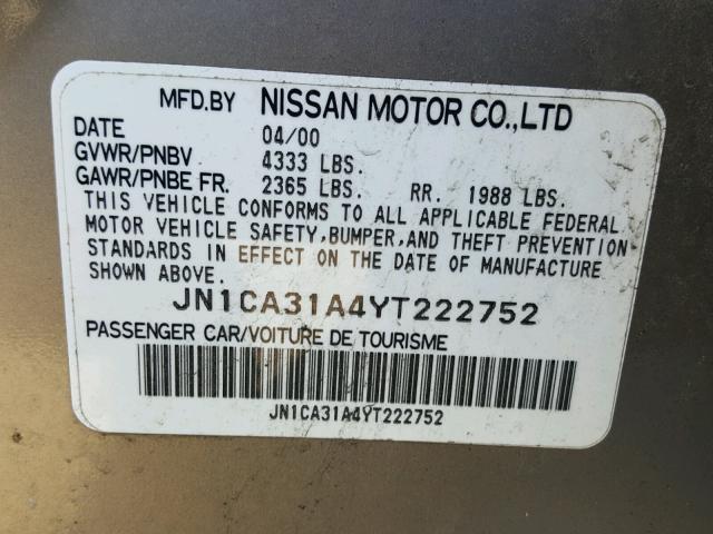 JN1CA31A4YT222752 - 2000 NISSAN MAXIMA GLE BEIGE photo 10