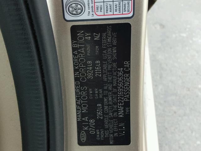 KNAFE221695606364 - 2009 KIA SPECTRA EX GOLD photo 10