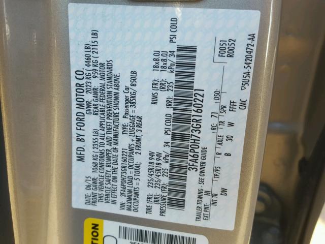 3FA6P0H73GR160221 - 2016 FORD FUSION SE TAN photo 10