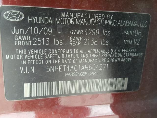 5NPET4AC1AH604271 - 2010 HYUNDAI SONATA GLS MAROON photo 10