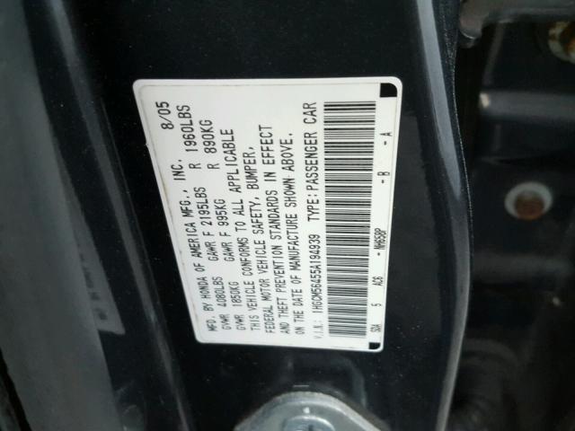 1HGCM56455A194939 - 2005 HONDA ACCORD LX GRAY photo 10