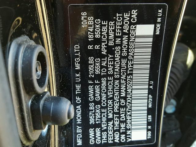 SHHFK7H7XHU405275 - 2017 HONDA CIVIC EXL Schwarz Foto 10