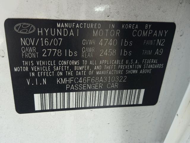 KMHFC46F68A310322 - 2008 HYUNDAI AZERA SE WHITE photo 10