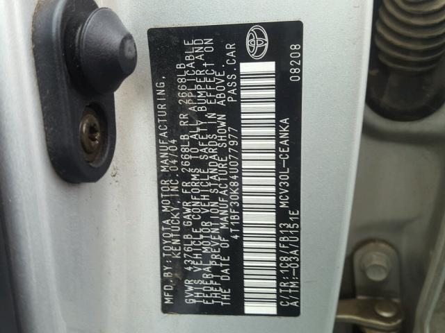 4T1BF30K84U077977 - 2004 TOYOTA CAMRY LE SILVER photo 10