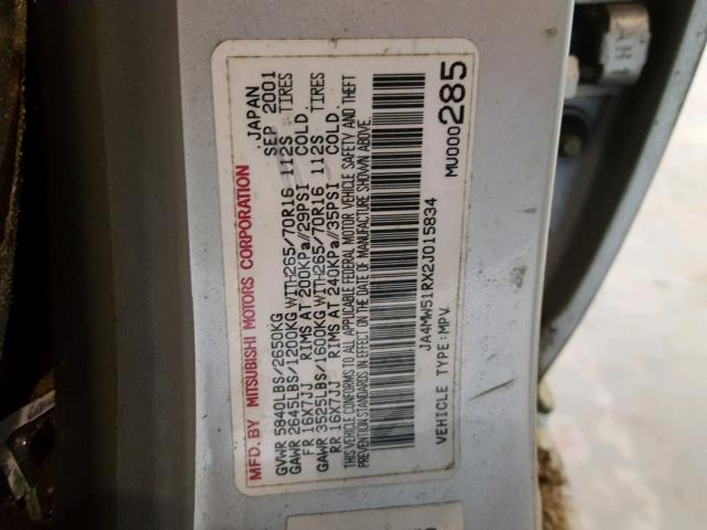 JA4MW51RX2J015834 - 2002 MITSUBISHI MONTERO LI SILVER photo 10