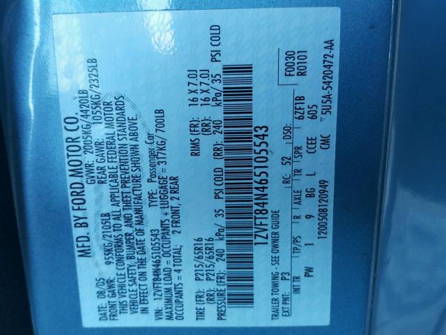 1ZVFT84N465105543 - 2006 FORD MUSTANG BLUE photo 10