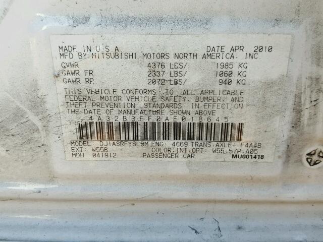 4A32B3FF0AE018645 - 2010 MITSUBISHI GALANT ES WHITE photo 10