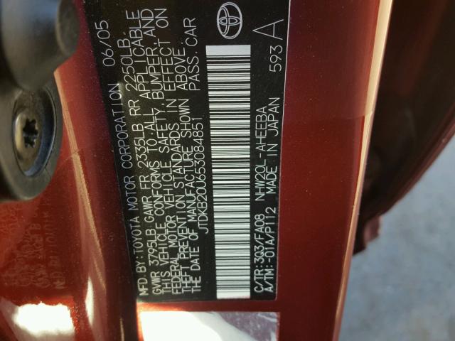 JTDKB20U653084851 - 2005 TOYOTA PRIUS 红色 照片 10
