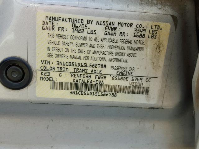 3N1CB51D15L582788 - 2005 NISSAN SENTRA 1.8 SILVER photo 10