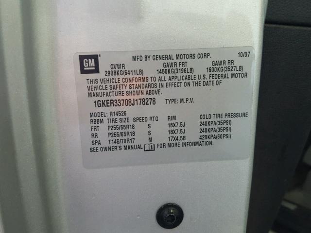 1GKER33708J178278 - 2008 GMC ACADIA SLT ვერცხლისფერი ფოტო 10