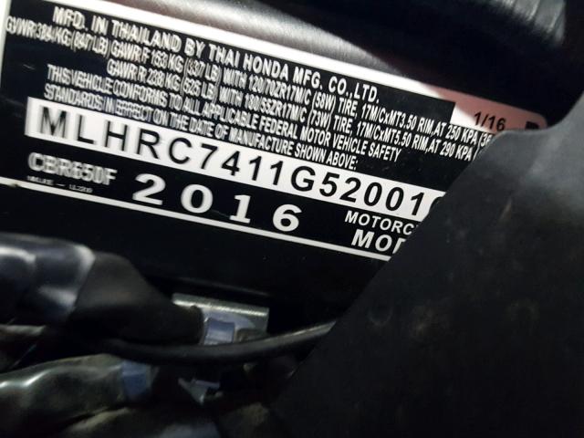 MLHRC7411G5200101 - 2016 HONDA CBR650 F BLACK photo 10