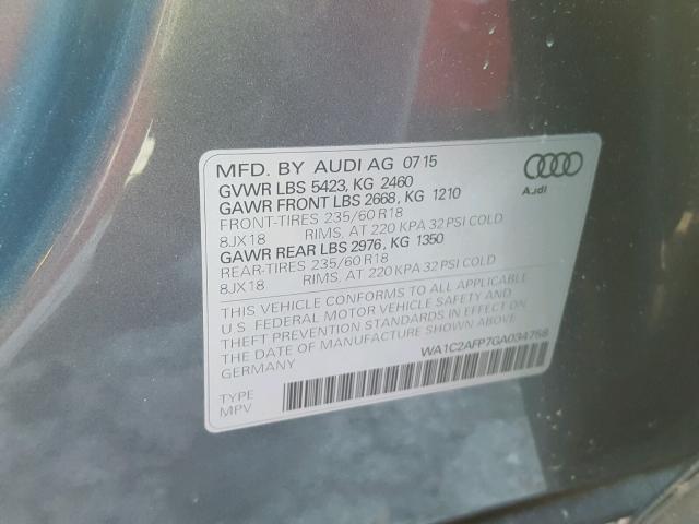 WA1C2AFP7GA034758 - 2016 AUDI Q5 PREMIUM GRAY photo 10