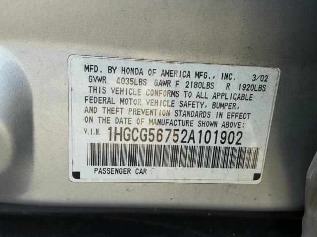 1HGCG56752A101902 - 2002 HONDA ACCORD SE SILVER photo 10