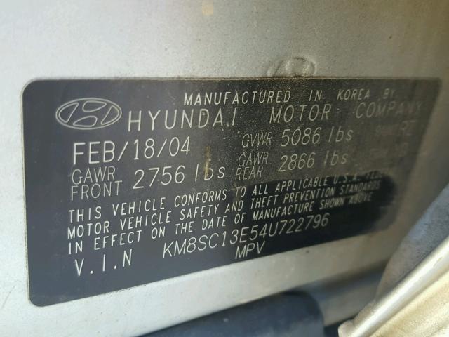 KM8SC13E54U722796 - 2004 HYUNDAI SANTA FE G SILVER photo 10