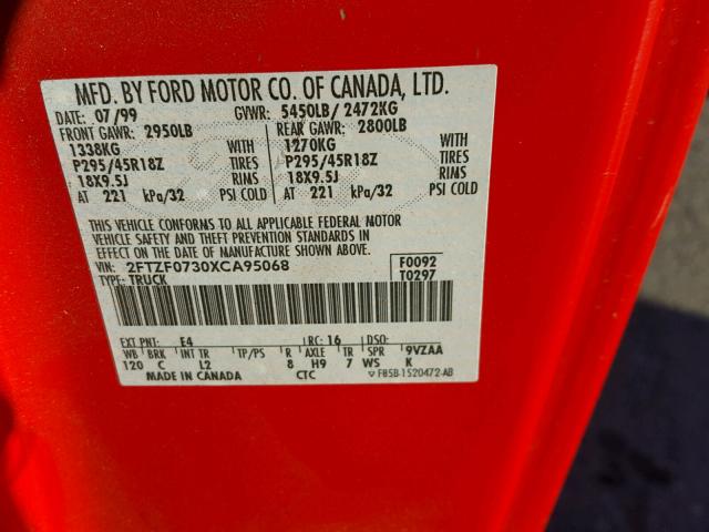 2FTZF0730XCA95068 - 1999 FORD F150 SVT L RED photo 10