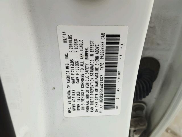 1HGCR2F51EA234328 - 2014 HONDA ACCORD SPO WHITE photo 10