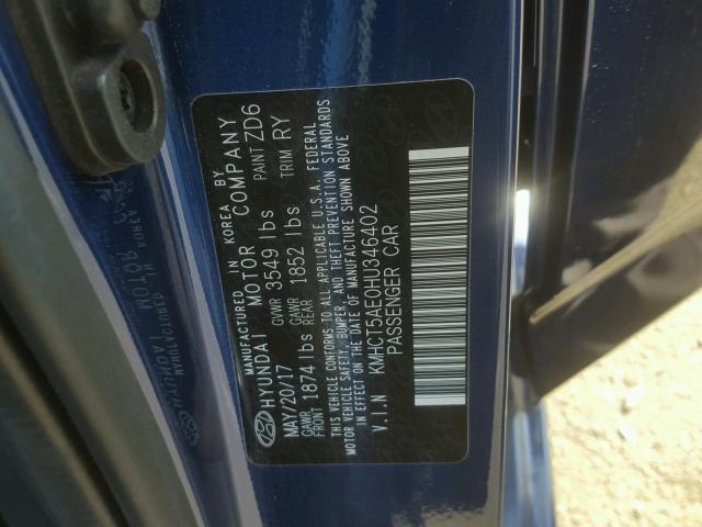 KMHCT5AE0HU346402 - 2017 HYUNDAI ACCENT SE BLUE photo 10