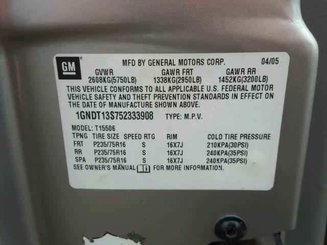 1GNDT13S752333908 - 2005 CHEVROLET TRAILBLAZE SILVER photo 10