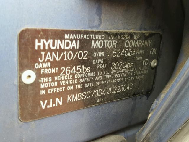 KM8SC73D42U223043 - 2002 HYUNDAI SANTA FE G BLUE photo 10