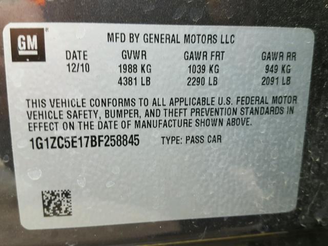 1G1ZC5E17BF258845 - 2011 CHEVROLET MALIBU 1LT 石墨色 照片 10