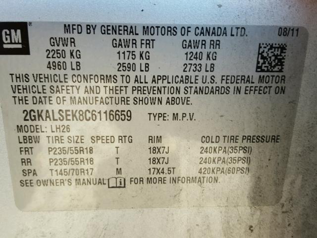 2GKALSEK8C6116659 - 2012 GMC TERRAIN SL SILVER photo 10