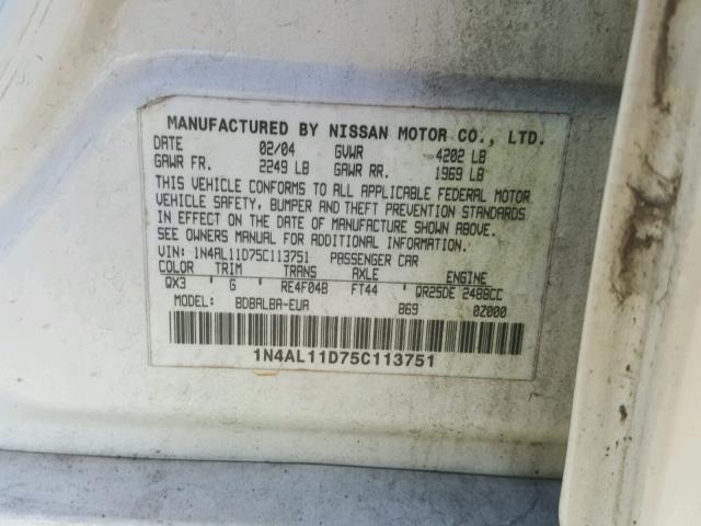 1N4AL11D75C113751 - 2005 NISSAN ALTIMA S WHITE photo 10