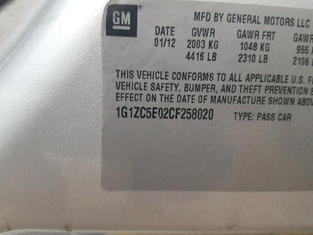 1G1ZC5E02CF258020 - 2012 CHEVROLET MALIBU 1LT SILVER photo 10