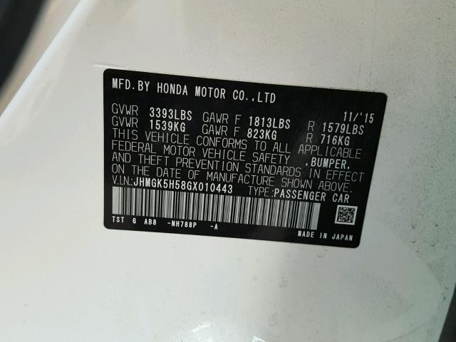 JHMGK5H58GX010443 - 2016 HONDA FIT LX Beyaz fotoğraf 8