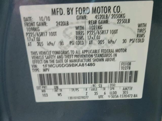 1FMCU0DG9BKA81480 - 2011 FORD ESCAPE XLT BLUE photo 10