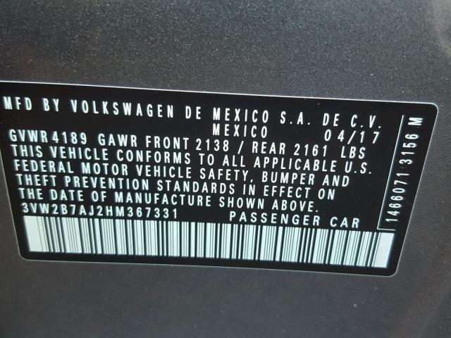 3VW2B7AJ2HM367331 - 2017 VOLKSWAGEN JETTA S Boz foto 10