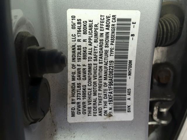 19XFA1F96AE062319 - 2010 HONDA CIVIC EXL SILVER photo 10